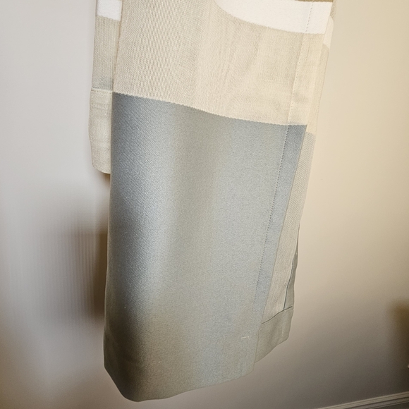 Two tan teal white cream striped 8 bronze grommet short drapes 50x67" - Picture 4 of 8